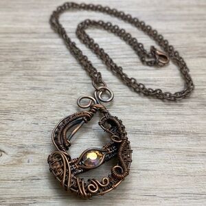 Handmade Wrapped Wire Pendant Necklace Boho Rhinestone‎
